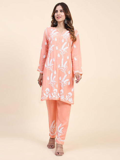 Fizaa Chikankari Short Modal Kurta Set - Peach